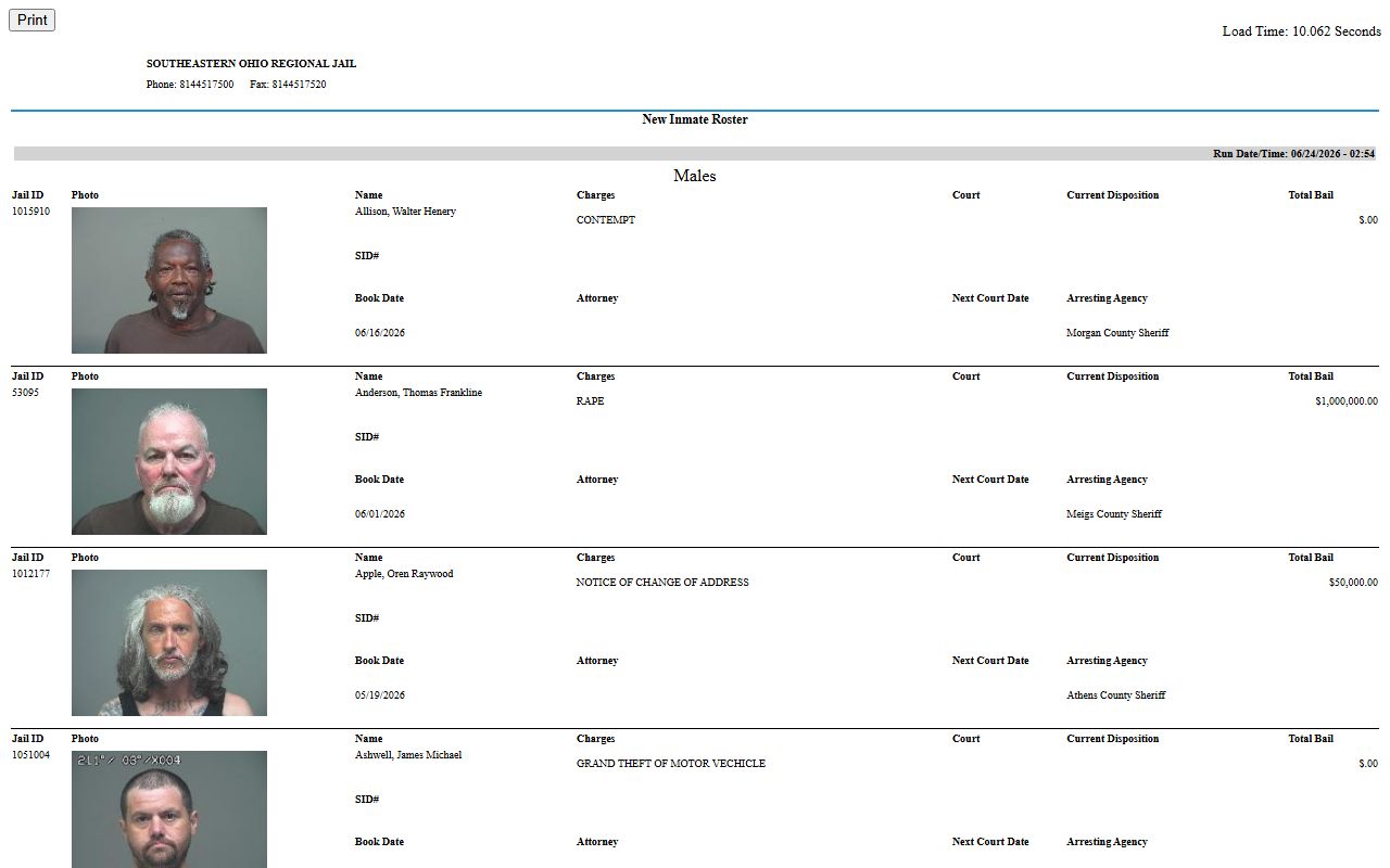 Vinton County inmate roster search on the SEORJ New Inmate Roster