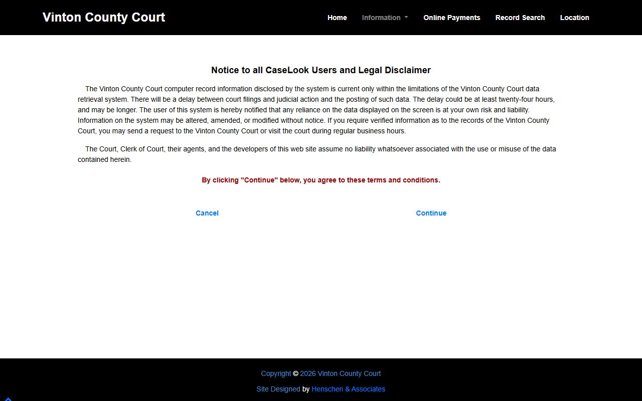 Vinton County court records after arrest CaseLook disclaimer screen